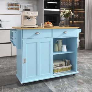 Desserte de cuisine bleu, buffet de salle à manger, plan de travail pliable aspect bois massif avec roulettes et pieds en bois massif remplaçables