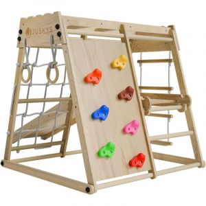 Mini Structure d'Escalade pour Enfants - Aire de Jeux Int&eacute;rieure avec Toboggan, Mur d'Escalade, Filet &agrave; Grimper & Anneaux de Gym - Tour Pliable en