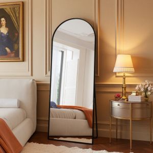 Miroir de Sol Pleine Longueur, 165x60 cm, Cadre en Aluminium Noir, Support M&eacute;tallique, Miroir Mural Bomb&eacute; HD avec Crochets de Fixation - Salon,