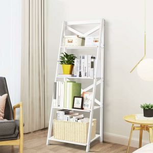 Costway - chelle d'Etagère en Bois Échelle Bibliothèque Style Moderne avec 4 Tablettes pour Plantes, Livres 50,7x46x1x142,5CM Blanche