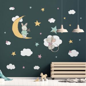 Ambiance-sticker - Stickers muraux Sticker Mural Autocollant - lapin et souris vers les étoiles - Stickers adhésifs - 80x60cm