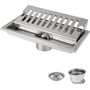 Siphon de Sol, 20 x 10 cm Siphon de Sol Rectangulaire, Argent Siphon de Sol avec Grille en Acier Inoxydable, Convient pour WC, Salle de Bain,