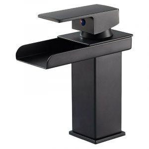 Robinet Salle de Bain Cascade Noir, Mitigeur Salle de Bain en Laiton, Mitigeur pour Vasque à Poser, Robinetterie Eau Chaude et Froide
