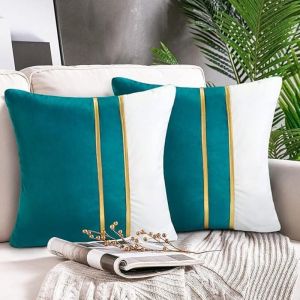 Housse de Coussin 45x45 cm Moderne Lot de 2 Coutures en Cuir Dor&eacute; Housses d'oreiller Velours Turquoise Taie d'oreiller pour Lit Canap&eacute; Voiture Home
