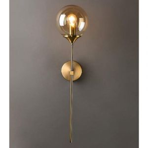 Applique murale industrielle vintage, globe en verre Ambre avec applique murale dorée à bras long, applique murale dorée pour chevet (Ambre)