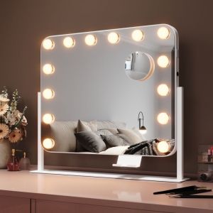 Sirhona - Miroir rotatif &agrave; 360&deg; Miroir Maquillage 50x40cm avec 14 ampoules led Miroir Hollywood 3 couleurs luminosit&eacute; r&eacute;glable miroir grossissant 10