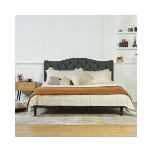 Meubles Cosy - Lit double (140 x 190cm) avec tête de lit capitonnée en tissu gris, structure en métal, sommier à lattes en peuplier, pieds en