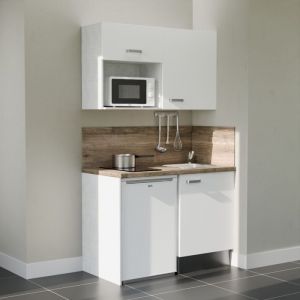 Kitchenette K07L-PT - 120 cm avec plan de travail et &eacute;vier, emplacements frigo et micro-ondes - Fa&ccedil;ade Blanc - Plan Bois - Evier Inox - Cr&eacute;dences Oui