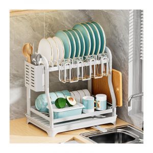Ikodm - Panier &eacute;gouttoir d'&eacute;vier Grand &eacute;gouttoir &agrave; vaisselle blanc sur &eacute;vier, 2 niveaux, avec &eacute;gouttoir et porte-couverts pour la vaisselle