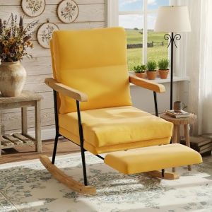 Fauteuil &agrave; Bascule Confortable, Chaise Relax avec Accoudoirs et Repose-pieds, Pieds en Bois Massif, Rev&ecirc;tement en Lin, Fauteuil d&rsquo;Allaitement, Jaune