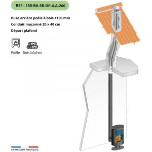 Kit tubage et raccordement poele a bois, buse diam. 150mm sortie arriere-Flexible l. 4m pour boisseau rectangulaire, depart plafond-Raccordement
