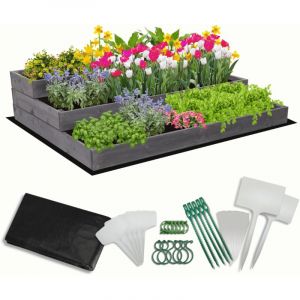 MODO24 Carr&eacute; potager sur&eacute;lev&eacute; en bois, 3 niveaux en cascade, 27x117x93 cm, jardin/terrasse, kit jardinier inclus, gris impr&eacute;gn&eacute;