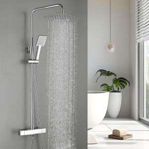 Colonne de Douche Thermostatique avec Mitigeur, Ensemble de Douche pour Salle de Bain, Carr&eacute;e Syst&egrave;me de Douche avec Pommeau de Douche, ABS Douche &agrave;
