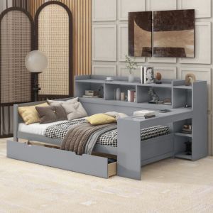 Lit simple 90x200 cm, avec bureau, 2 tiroirs, étagères de rangement, usb, électriques, sommier à lattes, lit enfant princesse en bois massif - Gris