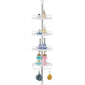 100-320cm &Eacute;tag&egrave;re d&rsquo;Angle de Douche T&eacute;l&eacute;scopique Sans Percage avec 4 Paniers et 2 Porte-Serviettes pour Baignoire et Salle de Bain Blanc