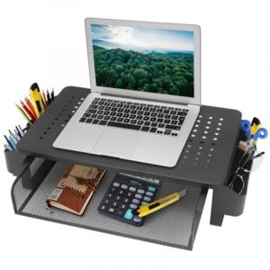 Support d'&eacute;cran r&eacute;glable avec tiroirs et paniers, gestionnaire de bureau pour ordinateurs de bureau, ordinateurs portables, iMac, PC, imprimantes,