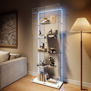 Vitrine Verre Tremp&eacute; 5 &Eacute;tag&egrave;res, Multifonctionnelle pr&eacute;sentoir &agrave; double porte, Poign&eacute;e M&eacute;tal et Fermeture &agrave; Cl&eacute;, LED r&eacute;glable, base blanc,