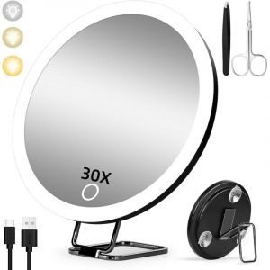 Miroir grossissant avec lumière 30X, 15cm 3 Modes de Couleur Dimming Miroir de Maquillage Lumineux 30X, Grand Miroir Grossissant de Voyage