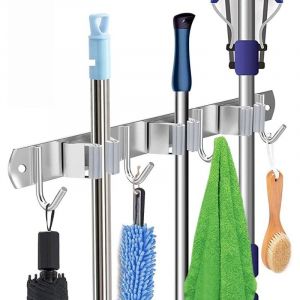 Porte Balai Mural, support mural en acier inoxydable Organisateur vadrouille de rangement monté sur placard à balai Cintre à outils robuste avec 3