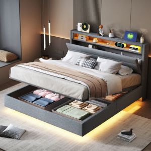Lit coffre 140x200 cm, lit adulte avec prise usb, &eacute;clairage led et t&ecirc;te de lit r&eacute;versible, tissu en lin gris, sans matelas