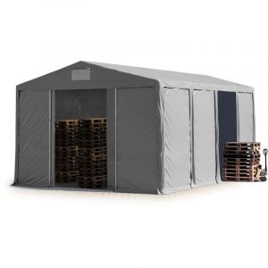 Tente de Stockage Industriel Hangar 8x8 m &agrave; 4 m&egrave;tres de Hauteur de c&ocirc;t&eacute; avec b&acirc;ches en pvc 850 n gris 100% imperm&eacute;able avec Porte coulissante