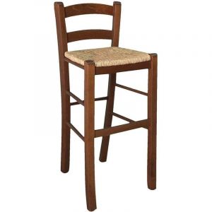 Tabouret en bois avec assise en paille h 67 cm en noyer foncé