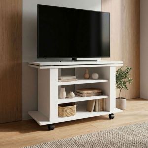 Meuble TV 3 niches 78x38x51 cm plateau rotatif &agrave; 360&deg; d&eacute;cor blanc