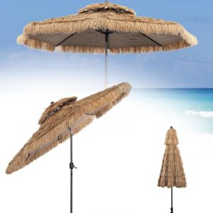 Parasol de Plage Hawaï Tropicale Inclinaison Réglable, Parasol de Paille 8 Baleines Mât en Fer Double Toit pour Plage/Patio/Piscine, Base Non Inclus