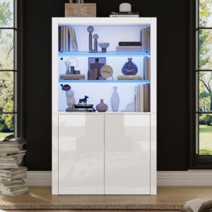 Buffet haute 100x35x170 cm avec &eacute;clairage LED, &eacute;tag&egrave;re en verre, pour salon ou salle &agrave; manger, laqu&eacute; brillant, en MDF, blanc