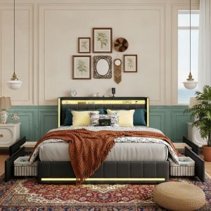 Lit double avec tiroir 140x190, lit adulte tissu lin &ndash; T&ecirc;te de Lit LED et USB, sommier &agrave; lattes, scandinave &ndash; Gris