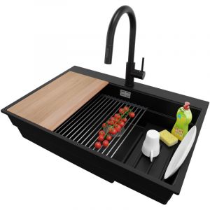 Primagran - Evier Cuisine en Granit 78x53cm, Lavabo 1 bac + Robinet 40x20cm + Kit de Vidage + Accessoires, &Eacute;vier &agrave; Encastrer au meuble 80cm - Oslo