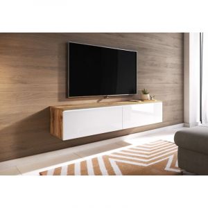 Bratex - Meuble tv Lowboard d 140 cm, meuble tv avec éclairage led, meuble tv suspendu, couleur wotan/blanc brillant