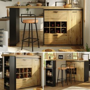 Table bar extensible 138-220 × 39 × 105 cm – plateau grain de bois, MDF & métal, 2 tiroirs, casier à vin, étagères ouvertes