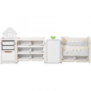 Mophorn Meuble de rangement pour jouets avec biblioth&egrave;que et tableau, &eacute;tag&egrave;re &agrave; 4 niveaux &eacute;quip&eacute;e de 10 bacs amovibles en plastique, id&eacute;al pour salle