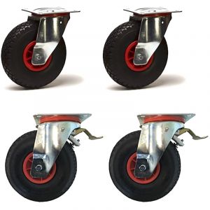 Lot de 4 roulettes pivotantes et freins pneu gonflable 3.00-4 - 405 Kg