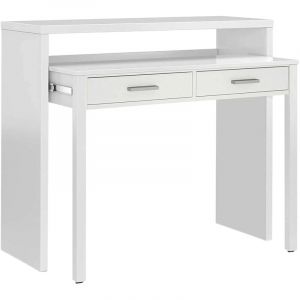 Dmora - Table console Billings, Bureau avec plateau extensible, Bureau pc avec 2 tiroirs, cm 99x36h88, Blanc, avec emballage renforcé