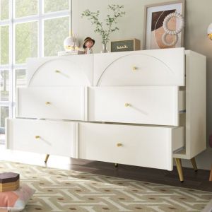 Buffet, commode, 6 tiroirs, étagères réglables, pour salon et chambre, 120x40x85cm, bois + métal, blanc crème