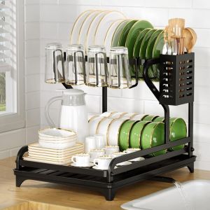 Egoutoire Vaisselle Cuisine Noir 2 Niveaux, Égouttoir Vaisselle inox avec Porte-ustensiles et Bec D'Égouttage Pivotant, Rangement et Organisation de