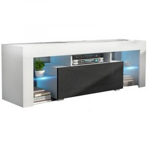 Dusine - Meuble tv spider a led en Blanc mat avec porte Noir Laqué 130 cm