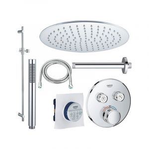 Grohe Grotherm Ensemble de douche avec partie encastrable et partie de finition et pomme de douche 25cm et bras plafond avec douchette stick, barre