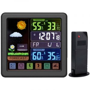 (Noir) Station m&eacute;t&eacute;o couleur sans fil avec &eacute;cran tactile complet, horloge m&eacute;t&eacute;o multifonction sans fil, s&eacute;curit&eacute; enfant, port USB et &eacute;cran LCD couleur