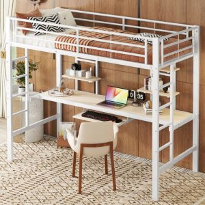 Lit mezzanine, cadre de lit en métal, lit simple enfant avec bureau et étagère, sans matelas, blanc, 140x200cm