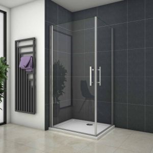 Cabine de douche battente verre trempé clair Ep.5mm - 70x70x180cm - 2 portes pivotantes à 180°- Chromé - Réversible - L'accès en angle