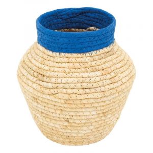 Aubry Gaspard - Corbeille ronde en jonc naturel avec liseré bleu – Déco bohème et bord de mer