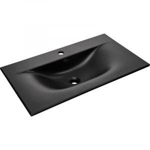 Meuble sous vasque simple lavabo, 80 cm, finition noire mate, c&eacute;ramique, design moderne