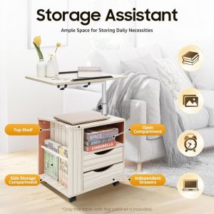 Table de chevet avec roulettes, table de chevet fonctionnelle et rotative en bois avec tiroirs et &eacute;tag&egrave;re ouverte (&eacute;rable blanc) pour chambre &agrave;