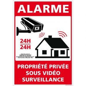 Panneau Alarme - Propri&eacute;t&eacute; Priv&eacute;e sous Vid&eacute;o Surveillance 24h/24 avec Loi. G1651. Sticker alarme, panneaux pvc, alu - Plastique pvc 1 mm - 450 x 630