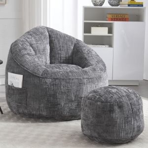 Pouf Canapé Chaise, Fauteuil relax, tissu chenille, Fauteuil poire pour adulte avec repose-pieds, pour chambre et salon, Gris
