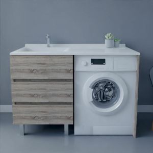 Meuble spécial lave-linge KORA avec plan vasque déportée 124 cm x 65 cm- Bois- Vasque à gauche - Bois