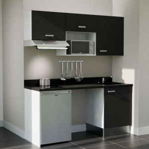 Kitchenette K55L - 180 cm - plan monobloc &eacute;vier int&eacute;gr&eacute; Nero- &eacute;vier &agrave; droite - Fa&ccedil;ades Noir + Electrom&eacute;nager inclus coloris Inox